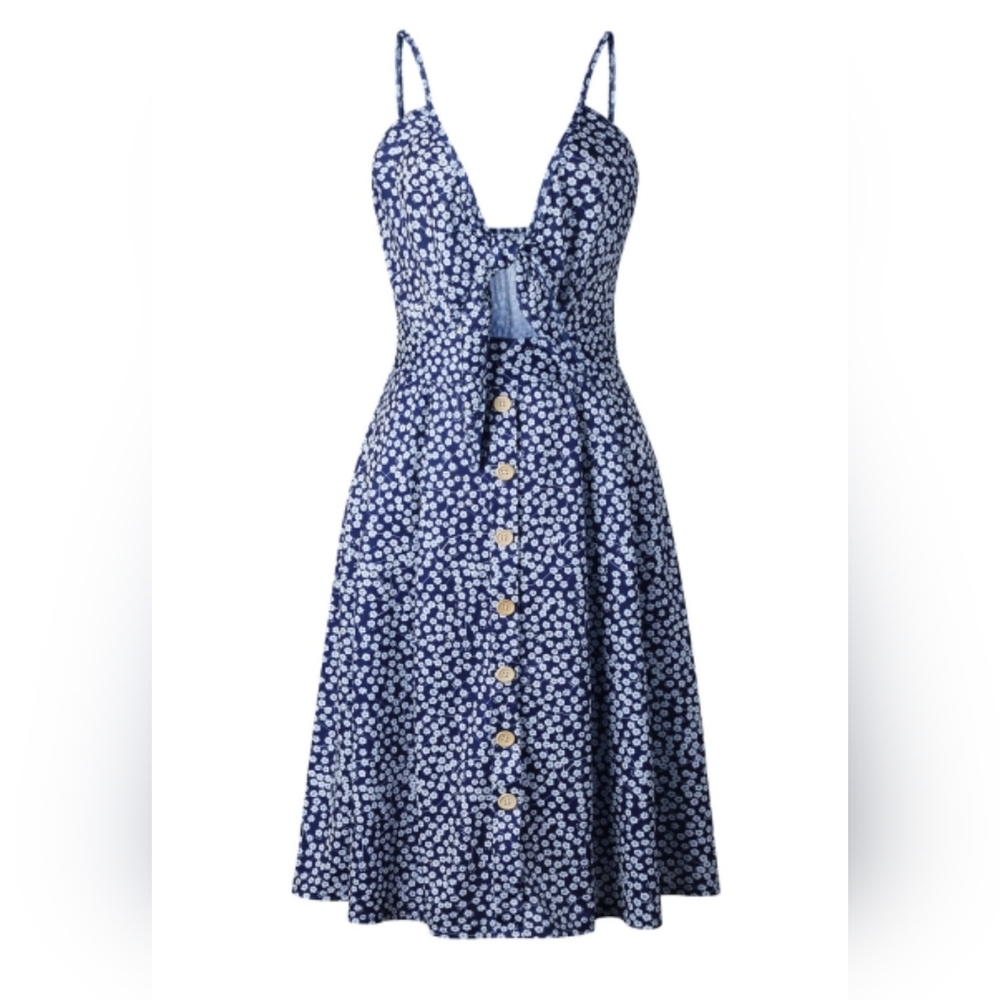 Midi Summer Dress Tie Front V-Neck Spaghetti Strap Blue Size Small